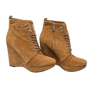Michael Kors Jada Ankle Suede Brown Wedge Lace Up Boots Womens Size 9.5
